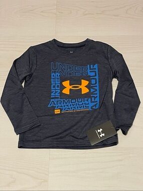 Under Armour Charcoal Long Sleeve Tee with Orange Logo & Blue Text